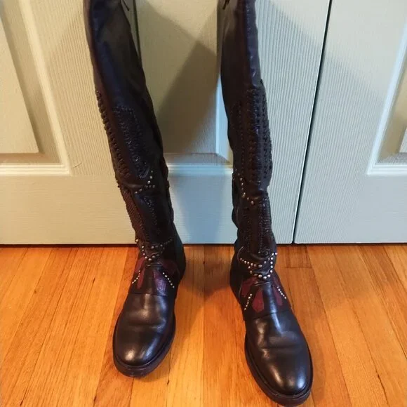 A.S.98 Carlyle Tall boots 38 7.5 Burgundy Black Leather Biker - Picture 2 of 13